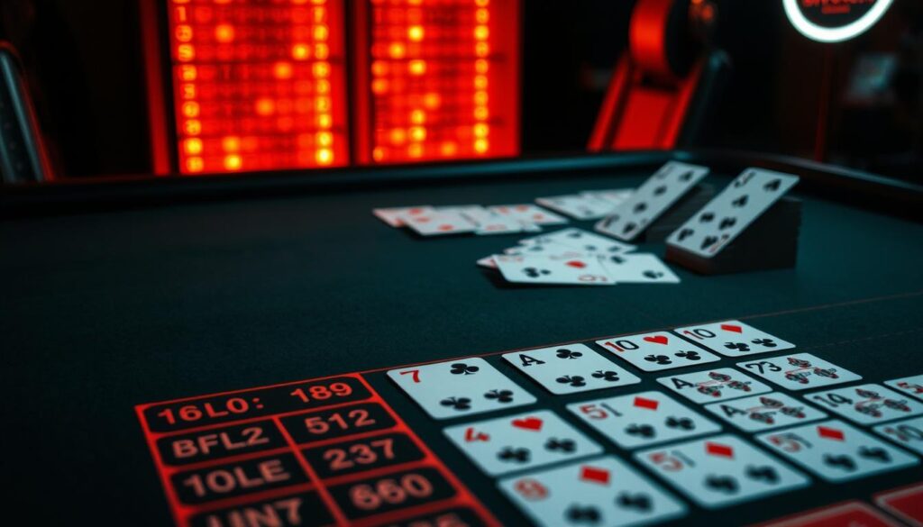 A detailed analysis of baccarat card patterns unfolds on a felt gaming table, illuminated by soft, warm lighting. The foreground features a neatly arranged grid of numerical values, representing the historical patterns and trends of the game. In the middle ground, playing cards meticulously placed in rows, their suits and ranks visible, offer insights into the ebb and flow of the cards. The background showcases a chiaroscuro-inspired perspective, creating a sense of depth and mystery, reflecting the strategic nature of baccarat gameplay. The overall composition conveys a thoughtful, analytical approach to understanding the dynamics of this classic casino game.