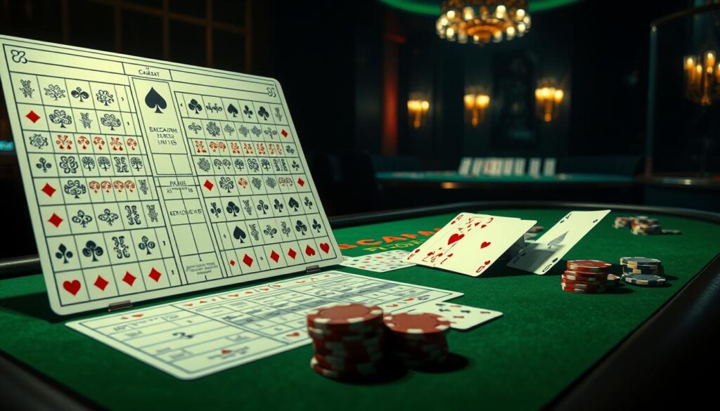A detailed analysis of baccarat gameplay, showcasing the flow and progression of cards on a green baize table. The foreground features a large, intricate diagram mapping out card patterns and probabilities, illuminated by focused lighting to draw the viewer's attention. The middle ground depicts a stylized baccarat hand in progress, with cards elegantly fanned out and casino chips strategically placed. The background subtly blurs into an atmospheric, dimly lit casino setting, creating a sense of immersion and strategic contemplation. Rendered with a sense of precision and depth, the image conveys the insight and expertise required to master the nuances of baccarat card analysis.