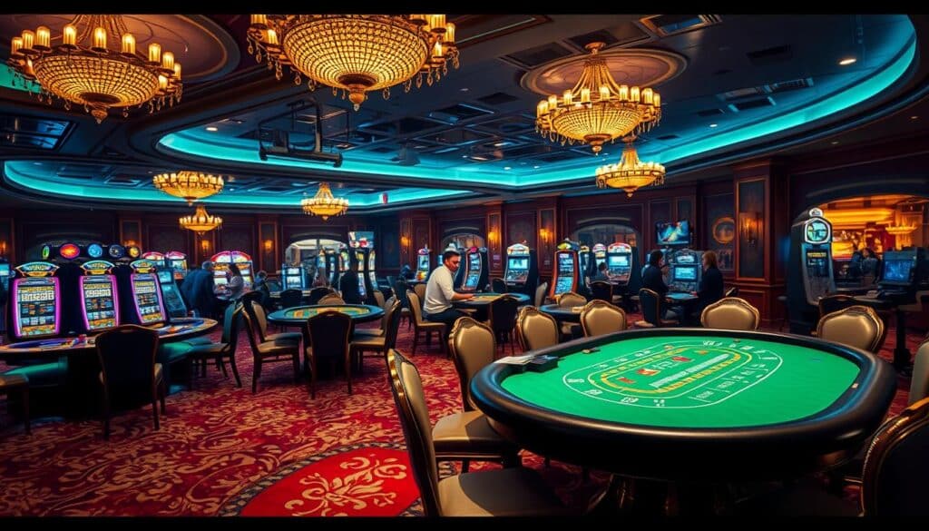 A detailed analysis of baccarat odds and risk, featuring a classic casino interior with plush carpets, gilded chandeliers, and a prominent baccarat table in the foreground. The table is illuminated by dramatic, dramatic lighting, highlighting the green felt and the players' intense focus. In the background, a panoramic view of the casino floor, with other gaming tables and patrons immersed in the lively atmosphere. The overall mood is one of sophistication and high-stakes excitement, reflecting the strategic nature of baccarat gameplay.