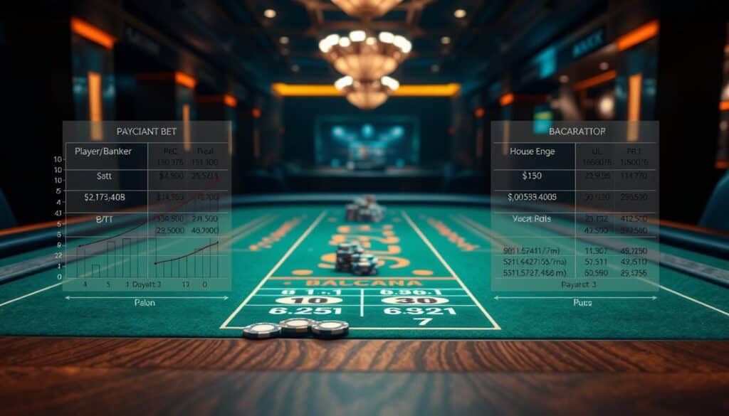 A detailed analysis of baccarat payout ratios displayed on a sleek, modern gaming table. The table surface is a rich, polished wood grain, with a green felt inlay. In the foreground, a series of charts and graphs illustrate the complex mathematical relationships between player/banker bets, house edge, and payout odds. The middle ground features discreet betting chips in various denominations, neatly arranged. In the background, the setting is a dimly lit, elegant casino interior, with muted lighting creating a sense of exclusivity and high-stakes excitement. The overall mood is one of precision, strategy, and a deep understanding of the nuances of the baccarat game.