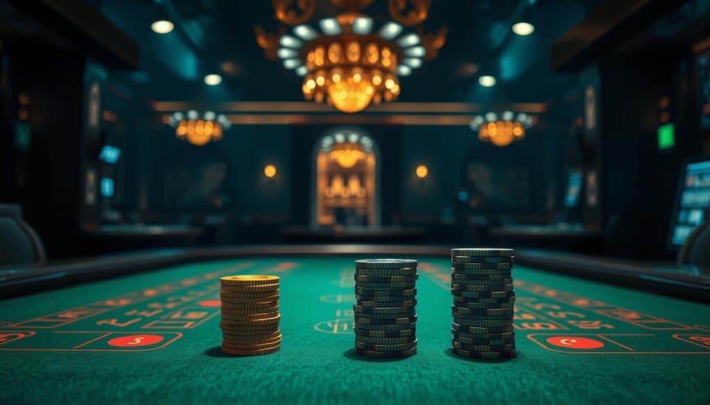 A detailed analysis of the win rates between the dealer (Banker) and the player (Player) in the game of Baccarat. A meticulously crafted scene set in a dimly lit casino, with a green baize-covered Baccarat table as the focal point. Two neatly stacked piles of gold and silver casino chips on the table, representing the wagers of the Banker and Player. The lighting is dramatic, creating a sense of high-stakes intensity. The scene is captured from a slightly elevated angle, giving the viewer a sense of observation and contemplation. The background is blurred, emphasizing the importance of the central analysis. The overall atmosphere is one of strategic evaluation and informed decision-making.