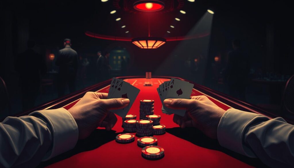 A detailed analysis of the winning rates between the banker and player positions in a classic Baccarat table, captured in a high-contrast, chiaroscuro-inspired illustration. The scene depicts a dimly lit casino interior, with a Baccarat table prominently featured in the foreground, illuminated by a lone spotlight. The banker's and player's hands are shown in close-up, their cards and chips laid out neatly, emphasizing the strategic decision-making involved. In the background, the hazy silhouettes of other tables and patrons create a sense of the bustling casino atmosphere. The lighting is dramatic, casting deep shadows and highlights to convey the tension and excitement of the game. The overall mood is one of analytical focus, drawing the viewer's attention to the statistical analysis of the winning probabilities for each game position.