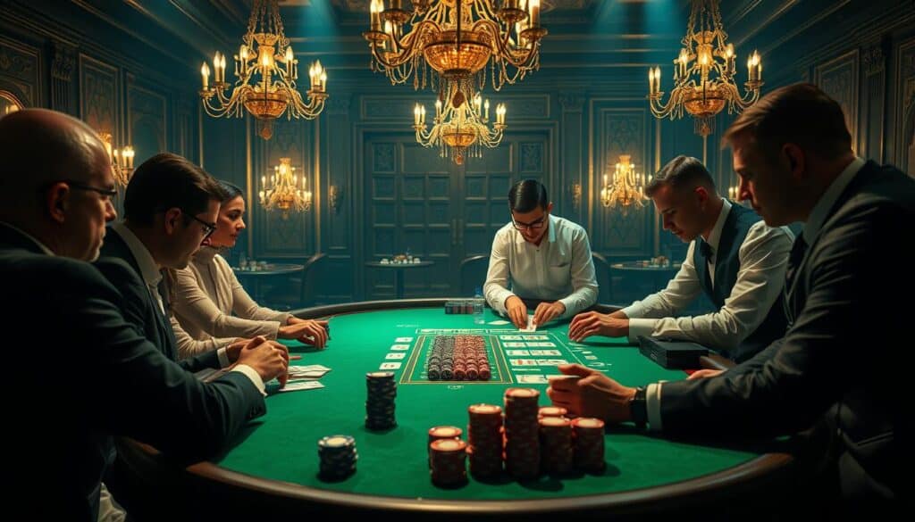 A detailed analysis of the winning rates between the dealer and the players in a vibrant Baccarat game setting. A dimly lit casino table with green felt, surrounded by ornate wooden decor and glittering chandeliers. The dealer, in a crisp white shirt, expertly shuffles the cards, while players, dressed in formal attire, lean in with anticipation. Cards are dealt, chips are stacked, and the tension mounts as the game unfolds. Sophisticated lighting casts dramatic shadows, emphasizing the high-stakes nature of the scene. The composition captures the strategic battle between the house and the players, showcasing the analytical data that could unlock the secrets to winning at Baccarat.
