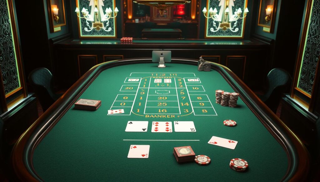 A detailed and visually engaging illustration of the basic rules of online baccarat. A clean, well-lit tabletop with a green felt surface sets the scene, surrounded by dimly lit elegant casino decor. The table features the classic baccarat layout, with designated areas for the player, banker, and tie bets. Crisp, photorealistic cards and chips adorn the table, hinting at the excitement and strategy of the game. The overall composition conveys the essence of an authentic baccarat experience, inviting the viewer to delve into the intricacies of this time-honored casino pastime.
