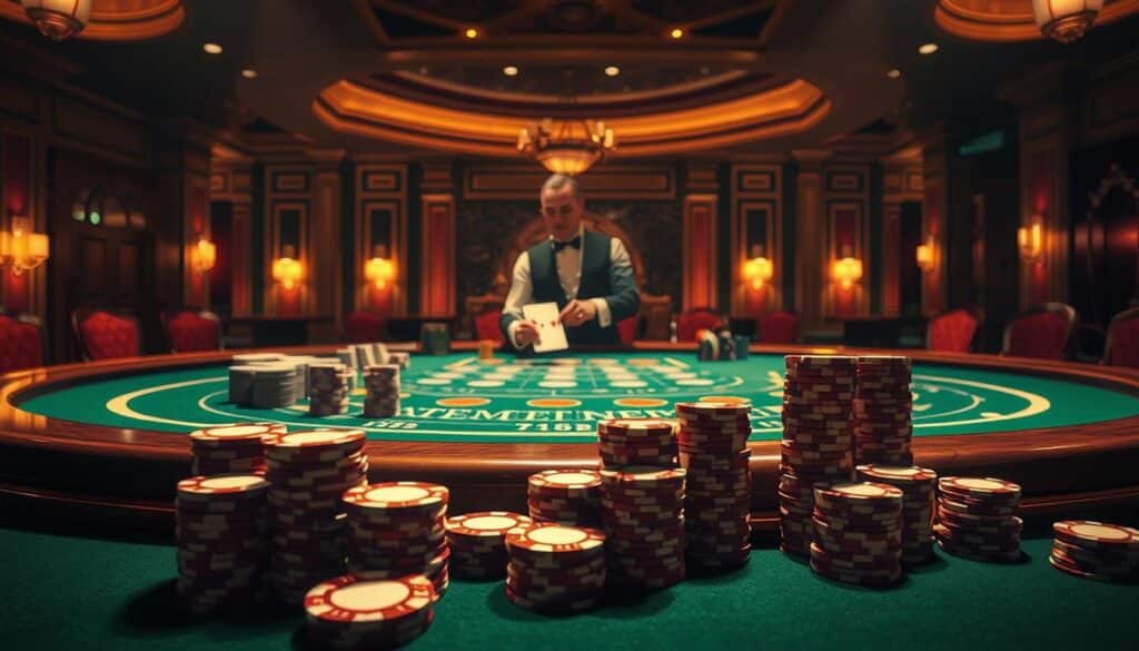 A detailed and visually striking illustration of the fundamental rules of the casino game Baccarat. The image should depict a gaming table with a classic wood and green felt surface, illuminated by warm, evenly-distributed lighting from above. In the foreground, neatly-stacked piles of casino chips in various denominations should be visible, conveying the high-stakes nature of the game. The middle ground should feature the Baccarat table itself, with a croupier's hand dealing cards to players. The background should include a dimly-lit, elegant casino interior with subtle architectural details, creating an atmosphere of sophistication and exclusivity. The overall visual style should be photorealistic, with a focus on capturing the essence of the game's timeless allure and tradition.