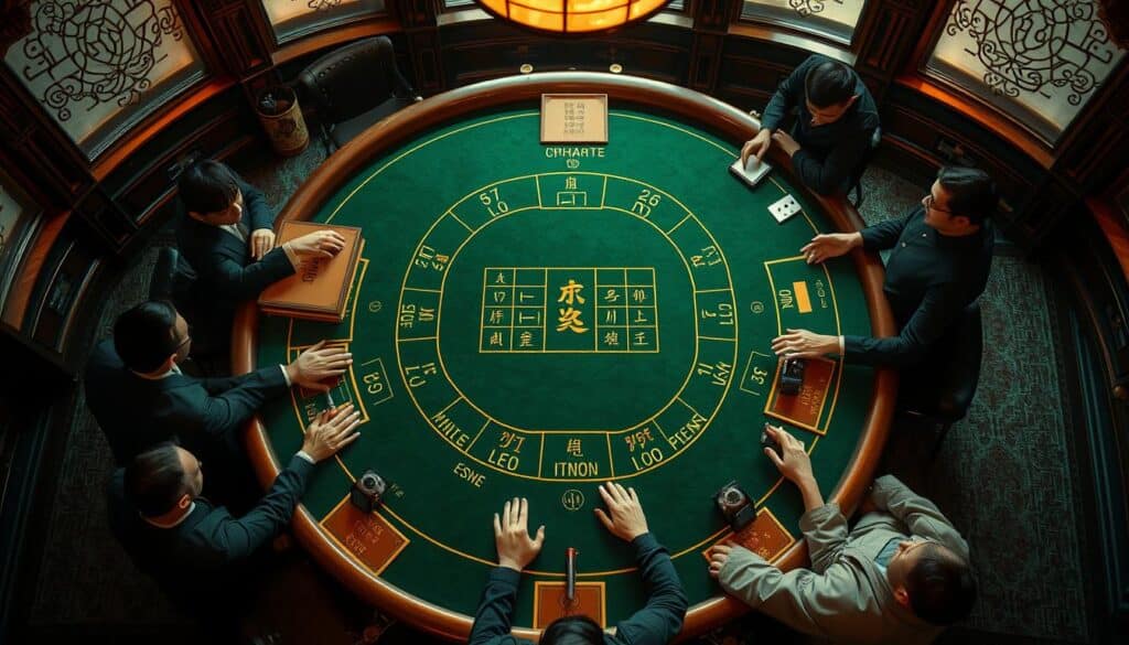 A detailed bird's-eye view of a traditional Chinese casino table, the iconic green felt surface adorned with the classic Baccarat layout. Elegant gold-trimmed dealers' stations flank the table, while players gather around, hands hovering over the betting areas. Soft, warm lighting casts a refined glow, creating an atmosphere of refined sophistication. The table is framed by rich, dark wood paneling and subtle, ornamental flourishes, hinting at the game's centuries-old heritage. The scene conveys a sense of timeless elegance and the thrill of high-stakes gaming.