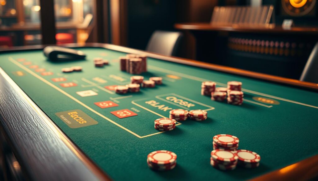 A detailed casino table with a green felt surface, surrounded by a wooden frame. On the table, various casino chips in denominations are meticulously arranged, representing the key components of the baccarat game. Soft, warm lighting casts a subtle glow, creating a sophisticated and inviting atmosphere. The camera angle is slightly elevated, providing a comprehensive view of the table setup and game elements. The composition emphasizes the elegance and precision of the baccarat gameplay, conveying a sense of refined strategy and decision-making.
