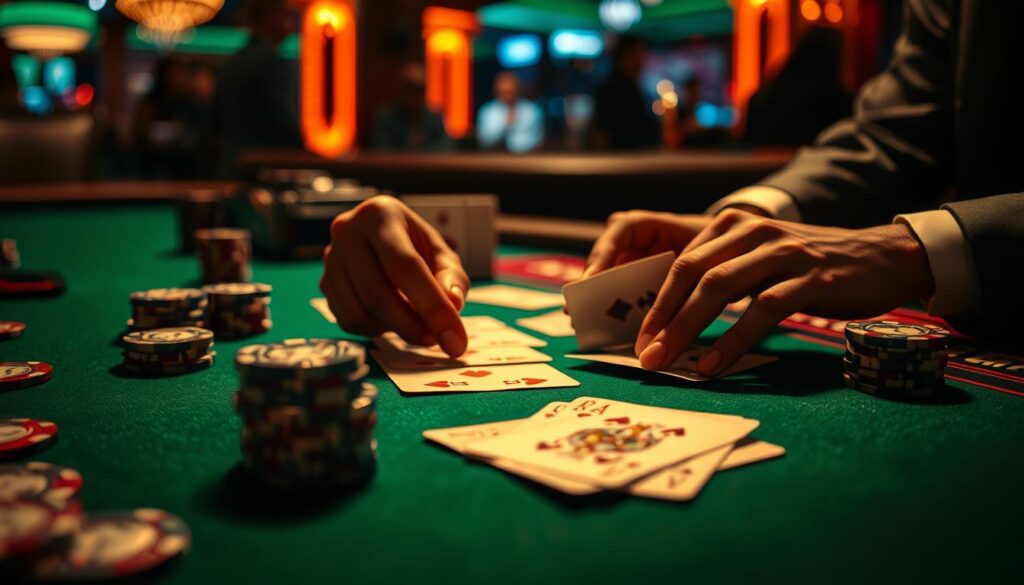 A detailed close-up view of a casino gambling table, the green felt surface neatly arranged with playing cards, poker chips, and a pair of hands meticulously arranging and counting the cards. The scene is illuminated by a warm, low-angled lighting that casts dramatic shadows, creating a sense of focus and intensity. The background is slightly blurred, hinting at the bustling casino atmosphere while keeping the main subject in sharp focus. The overall mood is one of strategic contemplation, as the player engages in the calculated art of card counting to gain a statistical advantage in the game of Baccarat.