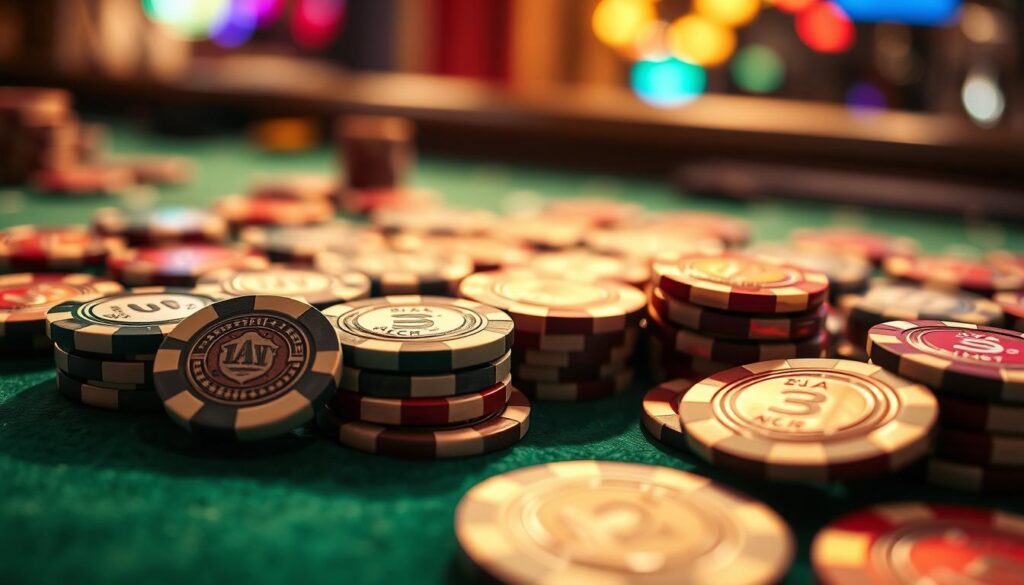 A detailed close-up view of casino baccarat chips, including a variety of denominations and colors, arranged in a carefully organized manner on a green felt table surface. The lighting is soft and warm, creating a sense of depth and texture in the chips. The focus is sharp, highlighting the intricate patterns and designs on each chip. The overall composition conveys a sense of precision, strategy, and the careful management of one's bankroll during a baccarat game.