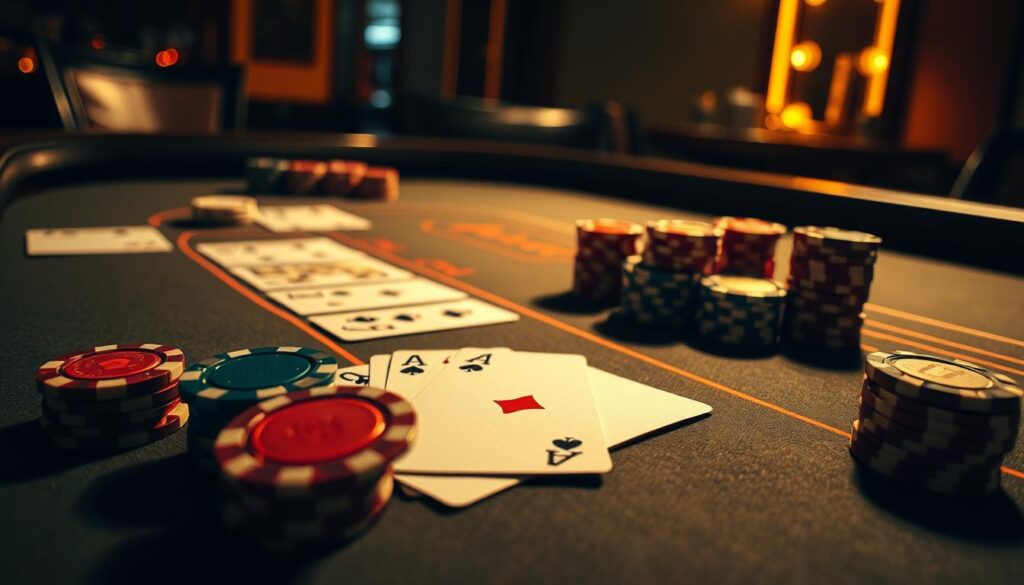 A detailed close-up view of the classic casino game Baccarat, with the playing cards, chips, and gaming table prominently displayed. The table is illuminated by warm, focused lighting, casting dramatic shadows and highlighting the intricate details of the cards and chips. The composition emphasizes the sense of high-stakes strategy and anticipation inherent in the game, with a clean, minimalist background that allows the key elements to take center stage. The overall mood is one of sophisticated elegance, drawing the viewer into the captivating world of this iconic casino game.