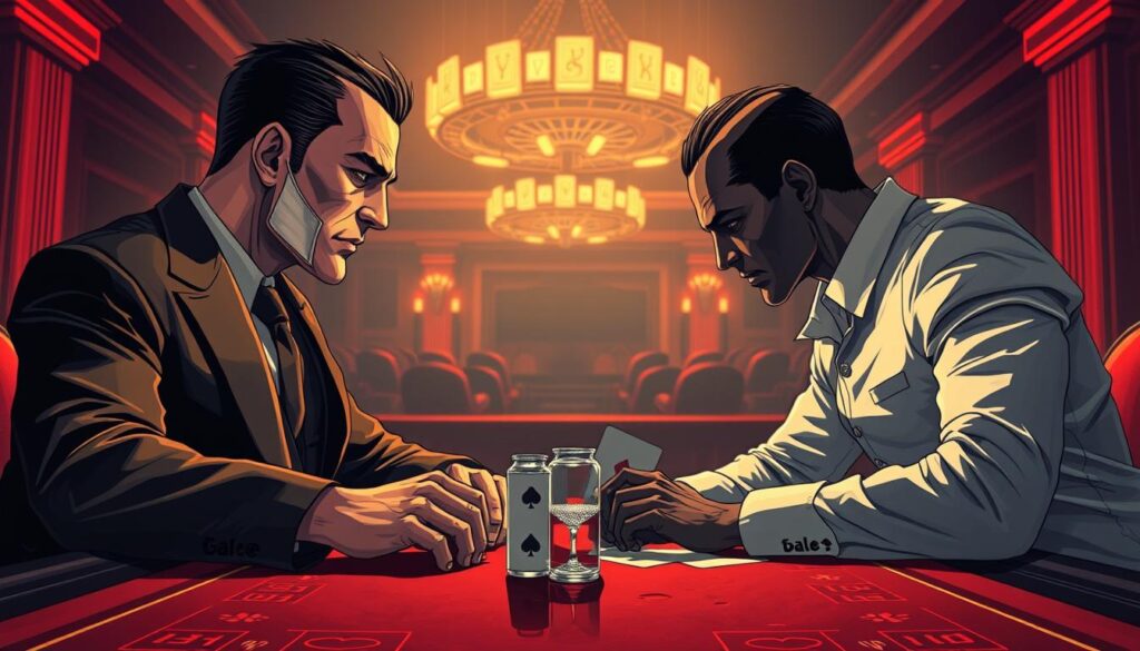 A detailed comparison of the strengths and weaknesses of the banker and player in a game of baccarat, portrayed through a visually striking and conceptual illustration. The image depicts the two sides facing off, with the banker represented by a powerful, imposing figure in an authoritative pose, while the player is depicted as a more agile, nimble character. The composition conveys a sense of strategic tension and balance, with careful attention to lighting, perspective, and color palette to create a high-contrast, cinematic atmosphere. The overall mood evokes the thrill and calculated risk of the baccarat table, inviting the viewer to immerse themselves in the strategic dynamics of the game.