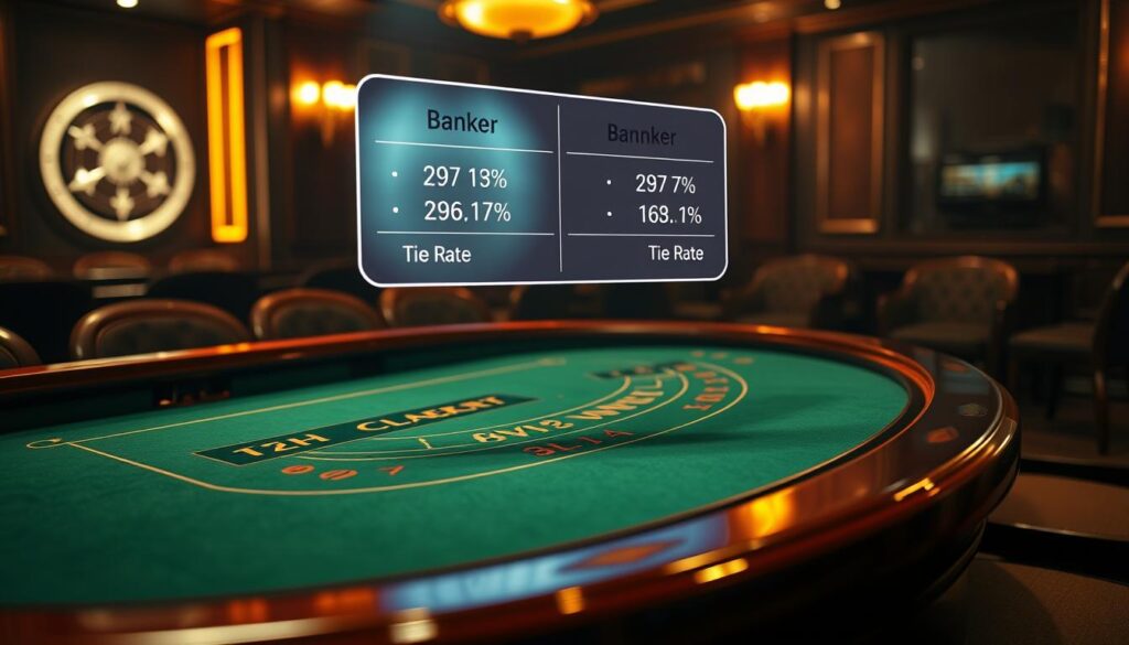 A detailed comparison of the win rates between the banker and the player in a baccarat game. A glossy casino table with elegant green felt, the wooden edges polished to a shine. Above it, a floating display showing real-time statistics - the banker's win percentage, the player's win percentage, and the tie rate, all presented in a clean, data-driven layout. The lighting is warm and inviting, casting a gentle glow across the scene. The perspective is slightly elevated, giving an almost bird's-eye view of the table, emphasizing the analytical nature of the data. The overall mood is one of strategic analysis, helping the viewer understand the probabilities and dynamics of the baccarat game.