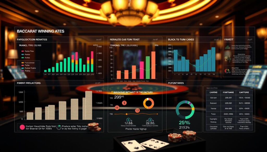 A detailed data visualization chart illuminating the key factors that boost baccarat winning rates. In the foreground, a sleek, modern dashboard displaying clear statistical graphics, colorful charts, and insightful data points. The middle ground features a serene casino table with playing cards and casino chips, suggesting practical real-world implications. The background is a dimly lit, luxurious casino interior, evoking an atmosphere of high-stakes gaming and strategic decision-making. The lighting is dramatic, with warm, golden tones highlighting the data visualizations, creating a sense of authority and professionalism. The camera angle is slightly elevated, providing an overview that conveys a comprehensive, analytical perspective on maximizing baccarat success.