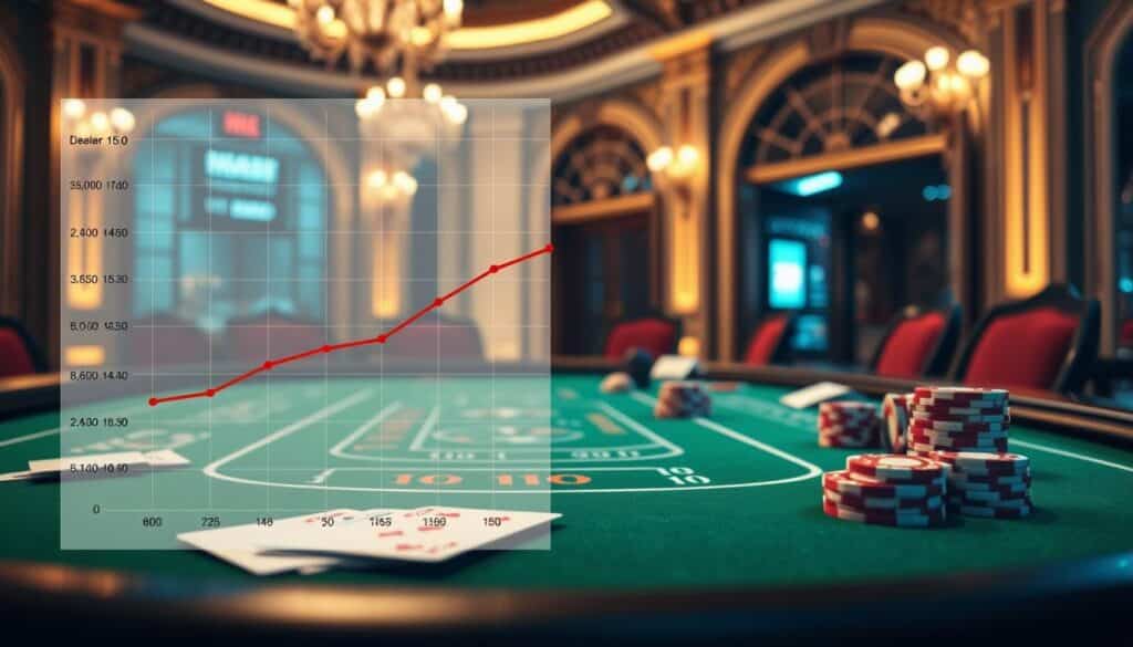 A detailed data visualization depicting the win rate analysis of the dealer and player in baccarat. The foreground shows a clean, minimalist chart or graph highlighting the relative probabilities of the dealer and player hands. The middle ground features elegant, refined baccarat table elements such as green felt, cards, and casino chips, all rendered in a realistic, photorealistic style. The background has a soft, blurred casino ambiance, with hints of ornate architectural details and subtle lighting to set the mood. The overall composition conveys a sense of sophistication, data-driven insight, and the strategic analysis of baccarat gameplay.