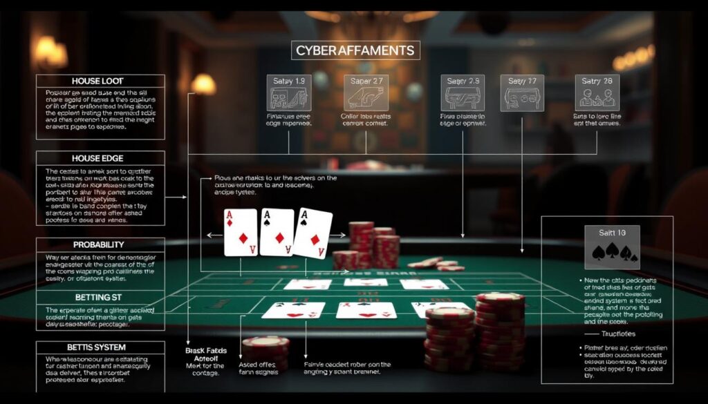 A detailed diagram depicting the key elements of baccarat betting strategies, rendered in a technical, analytical style. The foreground shows a precise, technical breakdown of essential factors like house edge, probability, and betting systems. The middle ground presents a clear visualization of the baccarat gameplay with cards, chips, and a green felt table. The background features subtle, muted tones suggestive of casino ambiance, with a sense of depth and lighting that enhances the overall technical and analytical mood. The composition and level of detail should strike a balance between clarity of information and visual interest, creating an image that is both informative and aesthetically compelling.