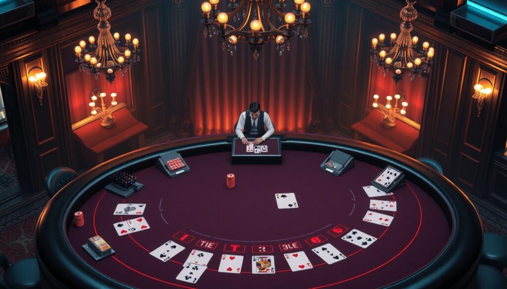 A detailed, high-quality isometric illustration showcasing the gameplay mechanics of the classic casino game Baccarat. The foreground depicts the Baccarat table layout, with cards, chips, and the three possible outcomes (Player, Banker, Tie) clearly delineated. The middle ground features stylized player and banker figures making their bets, with animated motion lines conveying the tension of the game. The background sets the scene in a dimly lit, luxurious casino interior, with atmospheric lighting and subtle details like chandeliers, curtains, and wood paneling creating a sense of elegance and high-stakes excitement. The overall composition strikes a balance between informative clarity and cinematic flair, making it an ideal visual aid for explaining the Baccarat gameplay.