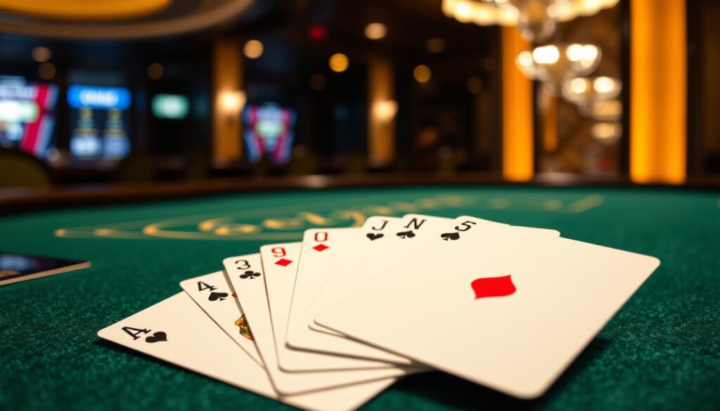 A detailed, high-resolution image of a baccarat card layout on a green felt surface. The cards are fanned out, showcasing the traditional suit symbols and numerical values. The lighting is warm and natural, casting subtle shadows that accentuate the depth and texture of the cards. The composition is centered, with the cards occupying the foreground and a blurred background of a casino interior behind them. The overall scene conveys a sense of elegance, precision, and the strategic elements of the baccarat game.