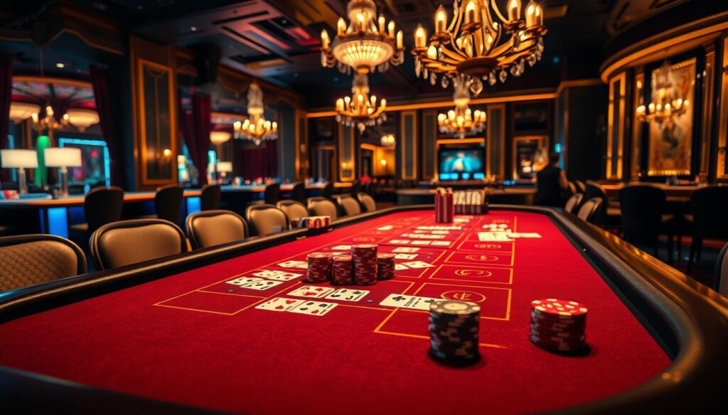 A detailed, high-resolution image of a casino baccarat table featuring a vibrant and diverse array of game variations. The table is illuminated by soft, warm lighting, casting a cozy and inviting ambiance. The felt surface is pristine, and the chips and cards are meticulously arranged, reflecting the precision and sophistication of the game. In the background, glimpses of the opulent casino interior can be seen, with lush fabrics, ornate chandeliers, and elegant decor elements that evoke the grandeur and allure of high-stakes gambling. The overall scene conveys the excitement and elegance of the baccarat experience, inviting the viewer to immerse themselves in the rich tapestry of this classic casino game.