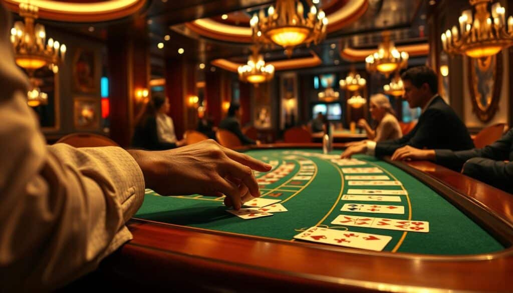 A detailed, high-resolution image of a casino table showcasing the intricacies of Baccarat gameplay. The table is bathed in a warm, ambient lighting, with a green felt surface and elegant wood trim. The dealer's hands are in focus, expertly manipulating the cards as players eagerly observe. In the background, the casino's luxurious interior is visible, with plush seating, chandeliers, and a sense of refined sophistication. The composition emphasizes the strategic depth and refined elegance of the Baccarat game, inviting the viewer to immerse themselves in the game's nuances and unlock its continuous optimization potential.