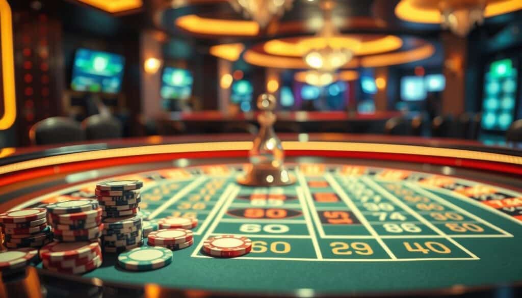 A detailed, high-resolution image of a roulette table with a focused view on the baccarat betting area. The table is illuminated by warm, soft lighting, creating a classic casino ambiance. In the foreground, meticulously rendered casino chips in various denominations are arranged in a strategic layout, suggesting different betting strategies. The middle ground showcases the baccarat betting layout, with clear, legible markings indicating the different betting options. The background features a blurred, out-of-focus view of the casino interior, hinting at the wider gaming environment. The overall composition conveys a sense of contemplation and strategic planning, reflecting the subject of the article's section on "Selecting the Correct Betting Strategy" for baccarat.