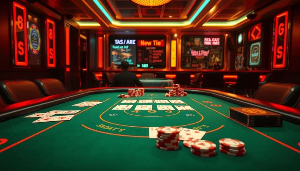 A detailed, high-resolution rendering of the gameplay flow of Baccarat, a classic casino card game. The scene depicts the casino table with green felt, cards, and gaming chips arranged in a visually engaging layout. The lighting is warm and inviting, creating a sense of excitement and anticipation. The perspective is slightly elevated, allowing the viewer to observe the table and the gameplay process from an optimal vantage point. The overall composition emphasizes the streamlined, step-by-step nature of the Baccarat game, guiding the viewer through the key stages of the experience.