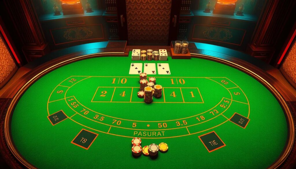 A detailed illustration of a classic Baccarat table setup, showcasing the game's core elements. A well-lit, high-contrast scene with a green felt surface and a semicircular table arrangement. Crisp, evenly distributed light casts a warm glow, highlighting the ornate wooden trim and brass accents. The table features the iconic Baccarat layout, with clear delineations for the Player, Banker, and Tie bets. Chips of various denominations are arranged neatly, ready for the game to commence. An air of sophistication and elegance pervades the scene, capturing the essence of this timeless casino classic.