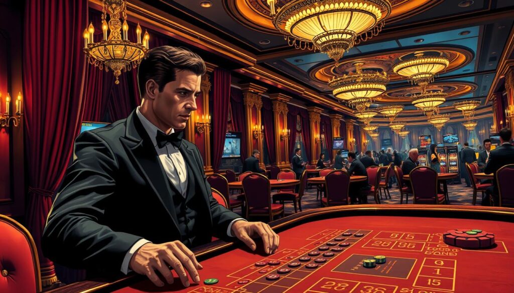 A detailed illustration of the "Martingale Betting Strategy" in an elegant casino setting. In the foreground, a well-dressed gambler attentively observes the game board, chips in hand, contemplating their next move. The middle ground showcases the casino's opulent furnishings - plush velvet curtains, gilded chandeliers, and a polished wooden gaming table. In the background, a panoramic view of the casino floor, bustling with activity and the energy of high-stakes play. Warm, inviting lighting casts a soft glow, creating an atmosphere of sophisticated refinement. Capture the tension and excitement of employing the Martingale strategy within this luxurious, iconic setting.