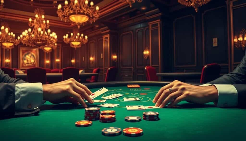 A detailed illustration of the Martingale betting strategy for baccarat. In the foreground, a dealer's hands dealing cards on a green felt baccarat table, with chips and cards meticulously rendered. In the middle ground, a player's hands incrementally increasing their bet as per the Martingale method, the betting progression visually demonstrated. In the background, a dimly lit casino interior with ornate chandeliers and luxurious decor, conveying an atmosphere of high-stakes gaming. The lighting is warm and dramatic, casting shadows and highlights that enhance the sense of depth and texture. The overall mood is one of strategic calculation, tension, and the thrill of the game.
