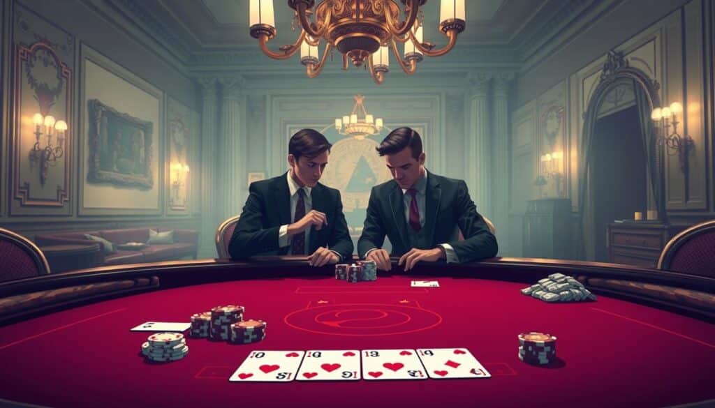 A detailed illustration of the basic rules of the Baccarat game, showcased in a clean, elegant style. A luxurious gaming table dominates the foreground, with the iconic baccarat cards and chips arranged neatly. The middle ground features two smartly dressed players engaged in a tense game, their expressions focused and intent. The background is softly lit, evoking the atmosphere of an exclusive casino, with subtle hints of ornate decor and dim lighting to set the mood. The overall composition conveys the essence of the Baccarat experience, providing a visually captivating reference for the game's fundamental mechanics.