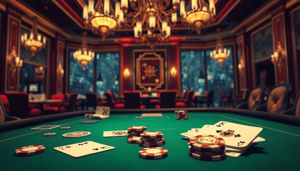 A detailed illustration of the classic casino game "Baccarat" against a backdrop of an elegant gaming table. The foreground features the game's essential elements - the playing cards, chips, and a casino-style green felt surface. The middle ground showcases a luxurious casino interior with ornate chandeliers, plush upholstery, and gilded accents, evoking a high-end gambling atmosphere. The background subtly hints at the game's cultural significance, with hints of traditional Asian design motifs complementing the contemporary setting. The lighting is warm and inviting, creating a sense of sophistication and exclusivity. The overall composition conveys the allure and sophistication of the Baccarat gaming experience.