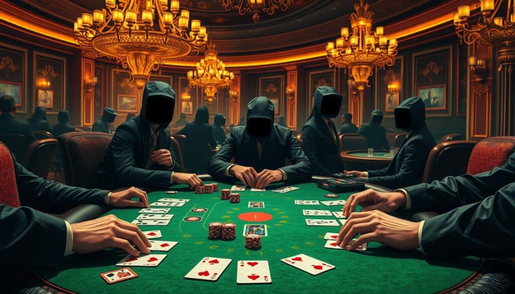 A detailed illustration of the classic casino game Baccarat, played on a richly textured green felt table in a dimly lit, elegant gaming lounge. The foreground features the dealt cards, poker chips, and a dealer's hands meticulously arranging the game pieces. The middle ground showcases the players seated around the table, their faces obscured in shadow, fully immersed in the strategic dance of the game. The background depicts the lavish, ornate decor of the casino, with ornamental chandeliers casting a warm, amber glow over the scene, creating an atmosphere of high-stakes sophistication.