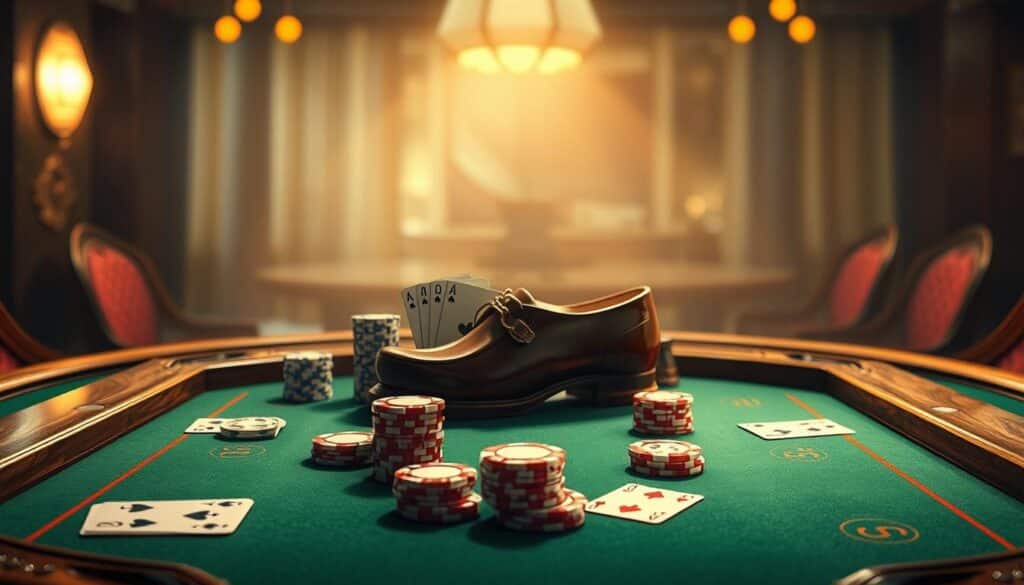 A detailed illustration of the fundamental concepts of online baccarat gaming. A crisp, realistic tabletop scene against a softly blurred background, illuminated by warm, natural lighting from an overhead source. The tabletop features a green felt surface, ornate wooden edges, and strategically placed playing cards, casino chips, and a classic baccarat dealing shoe. Elegant and sophisticated, evoking the ambiance of an upscale casino. The composition emphasizes simplicity and focus, drawing the viewer's attention to the core elements of the baccarat gameplay experience.