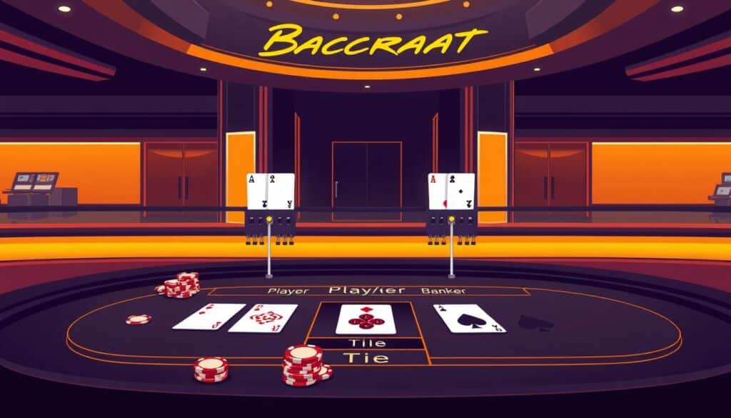 A detailed illustration of the fundamental rules and gameplay flow of the classic casino game Baccarat. Rendered in a clean, minimalist style with a warm, inviting color palette. The foreground shows a casino table with cards, chips, and the three possible outcomes - Player, Banker, and Tie. The middle ground depicts the step-by-step process of dealing the cards and determining the winner. The background features sleek, modern casino architecture with subtle lighting and reflections. The overall image conveys the elegance and simplicity of Baccarat, inviting the viewer to explore the game's key mechanics.