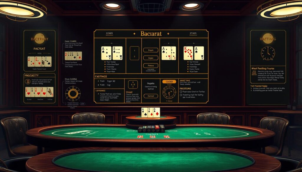 A detailed illustration of the gameplay rules for the thrilling Baccarat table game. A neatly organized background showcases the step-by-step flow of the game, with clear diagrams and icons demonstrating the hand rankings, card dealing, and betting options. The foreground features a sophisticated, low-lit casino setting, with elegant wooden tables, green felt surfaces, and the subtle glow of Table lights illuminating the scene. The overall mood evokes a sense of exclusivity and high-stakes excitement, capturing the essence of this quintessential Asian casino game.