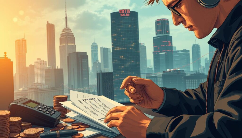 A detailed illustration of the importance of financial management. In the foreground, a person carefully reviewing financial documents and calculating expenses. The middle ground features various financial instruments like coins, bills, and electronic banking devices. In the background, a cityscape with skyscrapers and a stock market ticker tape, conveying the broader economic context. The scene is bathed in warm, diffused lighting, creating a sense of thoughtfulness and diligence. The overall mood is one of focus, control, and the prudent management of resources.