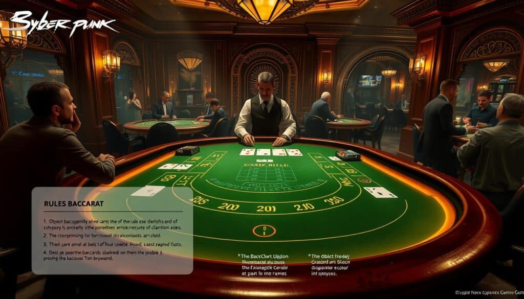 A detailed illustration of the rules and mechanics of the classic casino game Baccarat. The scene depicts a luxurious Baccarat table in a dimly lit, elegant casino setting. The table is surrounded by attentive players and a croupier orchestrating the deal. Soft lighting casts a warm glow, highlighting the green felt surface and gleaming wooden trim. In the foreground, a clear visual guide outlines the core Baccarat rules - the object, card values, and the three possible outcomes. The middle ground shows the dealing process, with cards being drawn and placed on the table. The background features ornate architectural details and hints of gambling action happening elsewhere in the casino. The overall mood is one of refined sophistication and immersive gameplay.