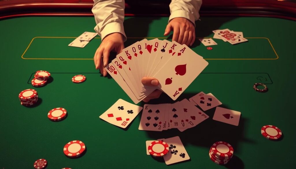 A detailed instructional illustration showcasing the gameplay rules of Baccarat. A formal tabletop setting with a green felt surface, elegant wooden trim, and scattered casino chips. In the center, a croupier's hand demonstrates the card dealing process, with a spread of playing cards revealing the core mechanics. The lighting is warm and dramatic, casting soft shadows to enhance the textural details. The composition is balanced, with the key focal points arranged in a clean, informative layout suitable for an educational article about Baccarat strategy and house edge limitations.