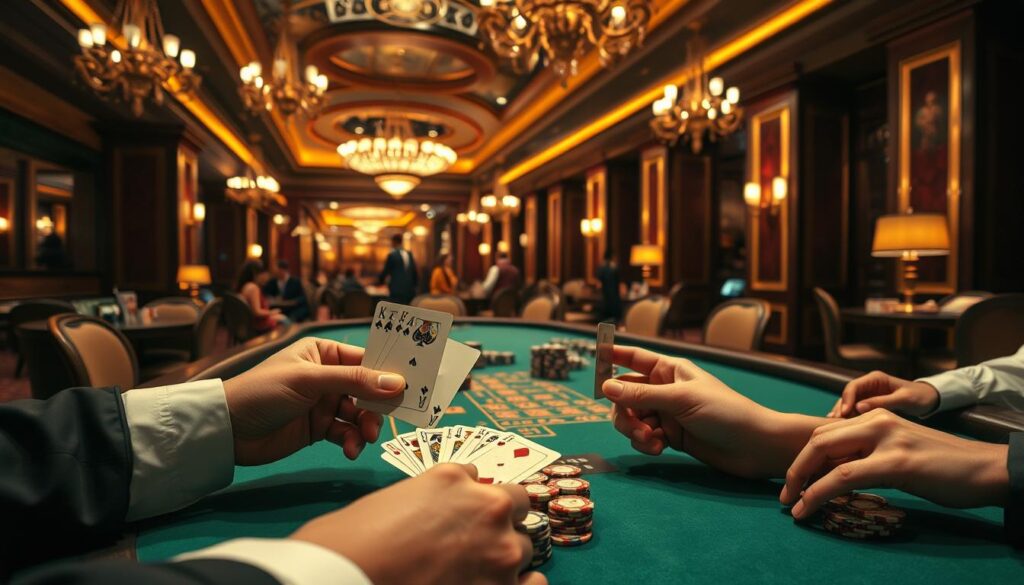 A detailed instructional scene showcasing a person playing baccarat at a casino table. The foreground features a player's hands holding playing cards and casino chips, with a green felt gaming table in the middle ground. The background depicts the interior of a luxurious casino, with opulent decor, chandeliers, and other players engaged in the game. Warm lighting casts a sophisticated ambiance, while the camera angle provides a close-up, immersive perspective to highlight the intricate gameplay mechanics. The overall composition conveys a sense of mastery and expertise in the baccarat gaming experience.