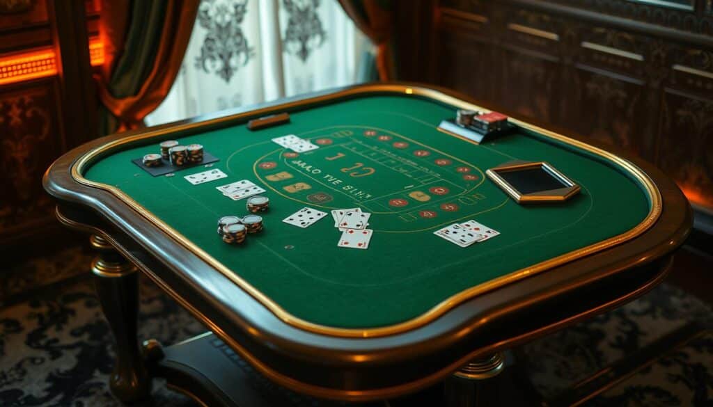 A detailed, intricately designed play table with a green felt surface, gold-rimmed edges, and elegant wooden legs. The table is meticulously laid out with casino chips, playing cards, and other traditional baccarat game elements, creating a visually striking and immersive scene. Soft, warm lighting illuminates the table, casting a inviting glow and evoking the classic atmosphere of a high-end casino. In the background, a sense of depth and elegance is achieved through the inclusion of a luxurious, ornately patterned curtain or drapery, further emphasizing the sophistication of the baccarat gaming experience.