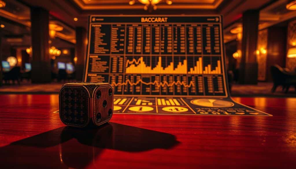 A detailed, meticulously composed analysis of baccarat player win rates. In the foreground, a pair of ornate casino dice sit atop a glossy wooden surface, casting long shadows. The middle ground features a neatly organized grid of statistical data, charts, and graphs, illuminated by warm, subtle lighting. In the background, a blurred, atmospheric casino interior with plush carpeting and gilded decor sets the mood. The overall composition conveys a sense of analytical rigor and high-stakes strategic decision-making inherent to the game of baccarat.