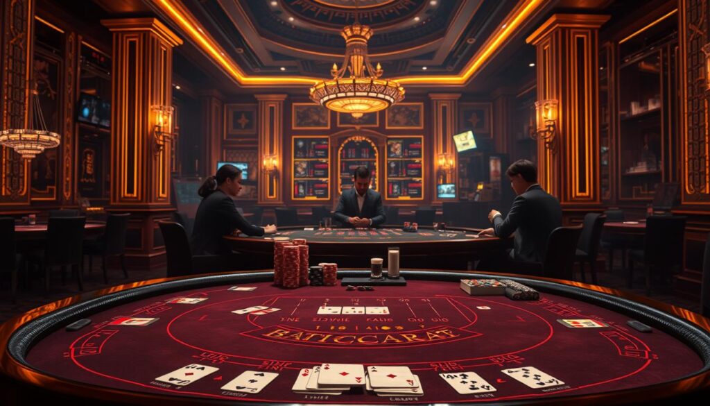 A detailed, meticulously rendered illustration of the fundamental rules and gameplay of the classic casino game Baccarat (百家樂). The scene depicts a lush, dimly-lit baccarat table in the foreground, with the dealer and players engaged in the game. In the middle ground, various betting chips, cards, and other game paraphernalia are neatly arranged, providing a clear visual reference for the basic mechanics of the game. The background features the elegant, gilded interior of a high-end casino, immersing the viewer in the sophisticated atmosphere of the gaming establishment. The lighting is warm and atmospheric, with subtle highlights on the table and game pieces, conveying a sense of drama and anticipation. The overall composition is balanced and aesthetically pleasing, inviting the viewer to explore the intricate details of this captivating casino game.