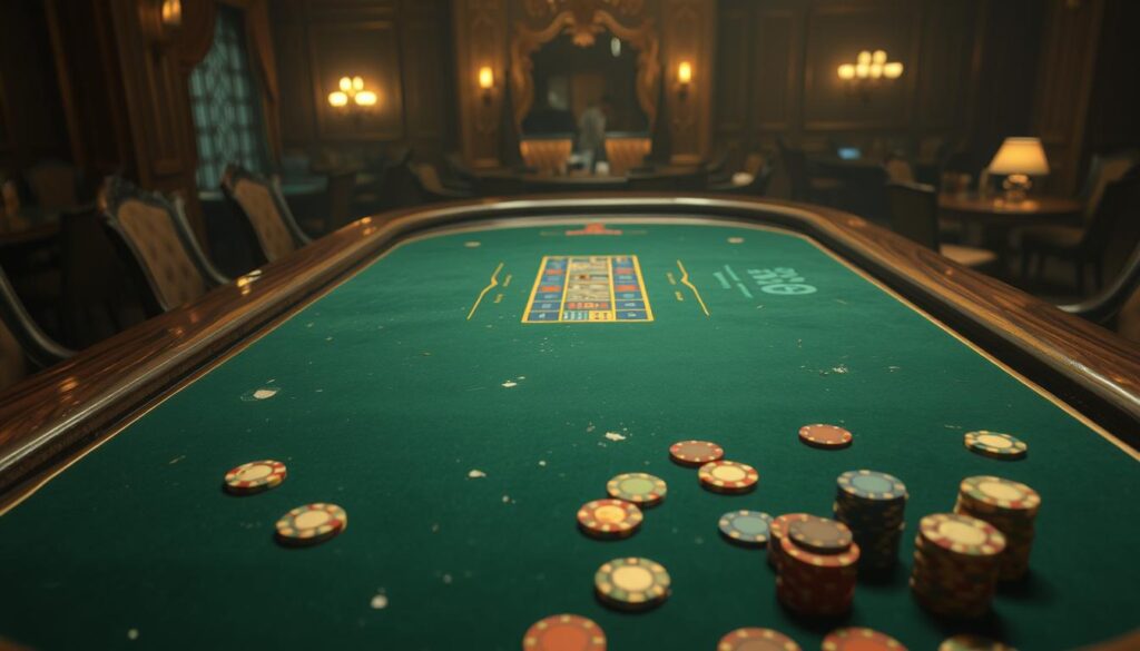 A detailed overhead view of a Baccarat table set against a dimly lit, opulent casino interior. The table is adorned with a green felt surface, chipped and worn from years of heavy use. Smooth wooden edges frame the playing area, with ornate gold detailing. In the foreground, various casino chips in vibrant colors are scattered across the table, hinting at the high-stakes nature of the game. The background is shrouded in a soft, warm glow, creating an atmosphere of anticipation and excitement. Subtle shadows and highlights define the the table's structure and the casino's lavish decor, drawing the viewer's attention to the mechanics and nuances of the Baccarat gameplay. A detailed overhead view of a Baccarat table set against a dimly lit, opulent casino interior. The table is adorned with a green felt surface, chipped and worn from years of heavy use. Smooth wooden edges frame the playing area, with ornate gold detailing. In the foreground, various casino chips in vibrant colors are scattered across the table, hinting at the high-stakes nature of the game. The background is shrouded in a soft, warm glow, creating an atmosphere of anticipation and excitement. Subtle shadows and highlights define the the table's structure and the casino's lavish decor, drawing the viewer's attention to the mechanics and nuances of the Baccarat gameplay.