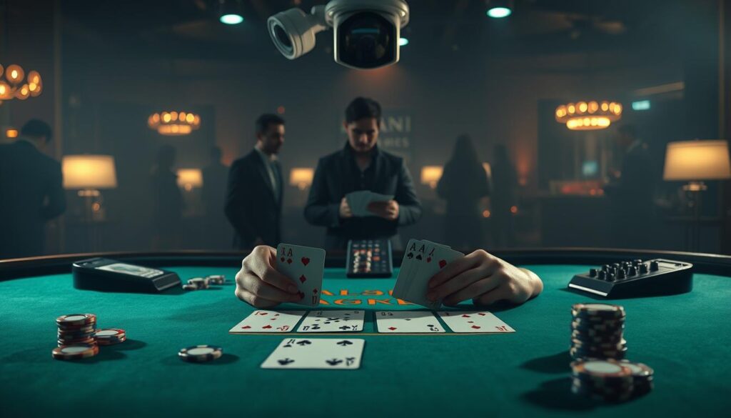 A detailed overview of the baccarat game rules and gameplay mechanics against a dimly lit casino backdrop. In the foreground, a croupier's hands are dealing cards onto a green felt table, surrounded by the classic baccarat accoutrements - betting chips, card shoes, and a discreet surveillance camera. The middle ground depicts the two player hands, the Player and Banker, with cards fanned out to showcase the game's mechanics. In the background, the hazy silhouettes of other casino patrons can be seen, creating an immersive atmosphere. Soft, dramatic lighting casts shadows across the scene, evoking the sophisticated ambiance of a high-stakes baccarat game.