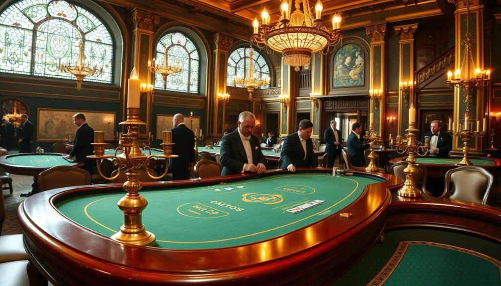 A detailed panoramic view of the historical origins and evolution of Baccarat gambling. In the foreground, a classic Baccarat table with green felt, elegant wooden trim, and antique candelabras casting a warm glow. Middleground depicts 19th century European aristocrats in formal attire engaged in a high-stakes game, with serving staff in the shadows. The background showcases the opulent interiors of a grand casino, adorned with ornate chandeliers, gilded columns, and stained glass windows. The overall atmosphere evokes a sense of timeless elegance and the storied traditions of this iconic casino game.
