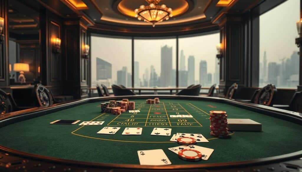 A detailed, photorealistic illustration of the basic rules and gameplay of the casino game Baccarat. The foreground depicts the casino table with a green felt surface, carved wooden edges, and classical casino decor. On the table are the game's essential components: playing cards, betting chips, and the dealer's cards and banker's cards. The middle ground shows the casino interior with subtle lighting, ornate architectural features, and a sense of opulence. The background features a hazy, atmospheric view of the city skyline through large windows, evoking the elite, high-stakes environment of a prestigious casino. The overall scene conveys the elegance, tradition, and strategic tension inherent in the Baccarat game.