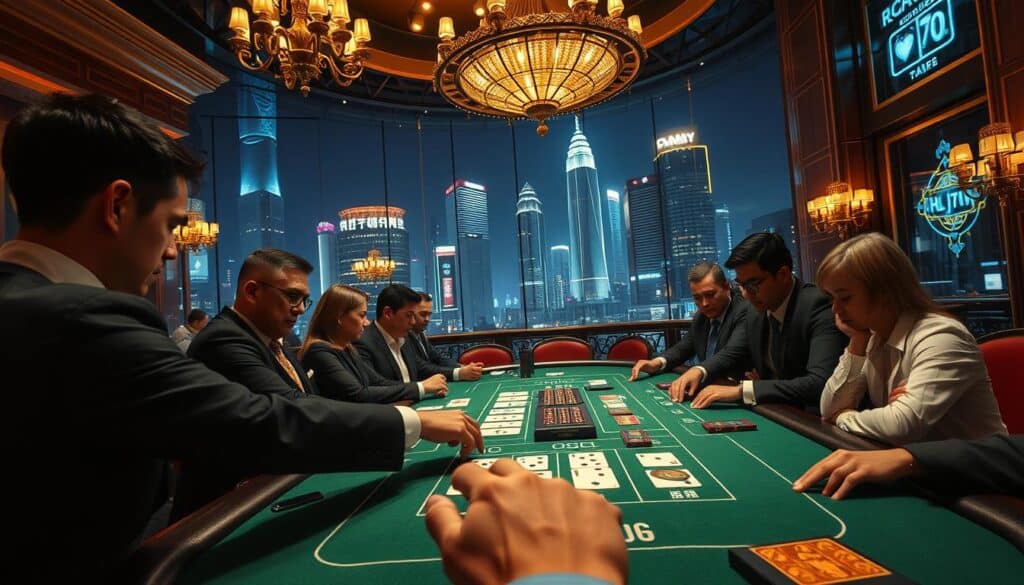 A detailed, realistic casino scene depicting the "百家樂遊戲即時分析" subject. In the foreground, a croupier deals cards on a green baize table surrounded by smartly dressed players intently studying their hands. The middle ground shows the casino's opulent interior, with ornate chandeliers, mirrored walls, and luxurious furnishings. The background features the dramatic cityscape outside, with towering skyscrapers and neon signs illuminating the night sky. Lighting casts a warm, atmospheric glow, and the camera angle provides an immersive, up-close perspective that draws the viewer into the tense, high-stakes action of the baccarat game.