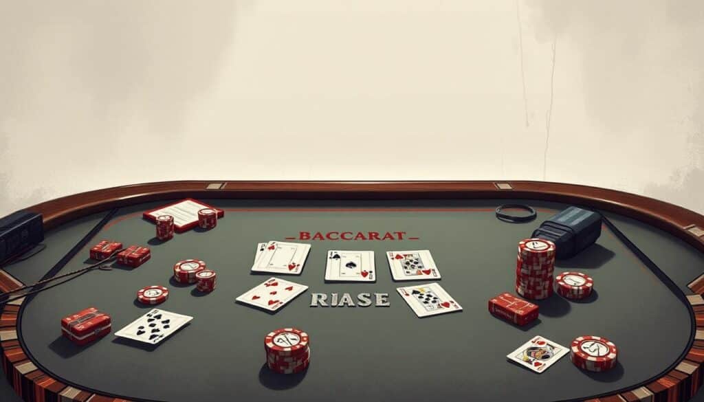A detailed, richly textured illustration depicting the rules of the classic casino game Baccarat. Set against a neutral, softly-lit backdrop, the composition focuses on a central table surface with the necessary game elements arranged in an orderly, visually appealing manner. Playing cards, chips, and other gaming accessories are meticulously rendered, conveying the precision and sophistication of the gameplay. The overall mood is one of elegance and refinement, inviting the viewer to immerse themselves in the nuances of this legendary casino pastime.