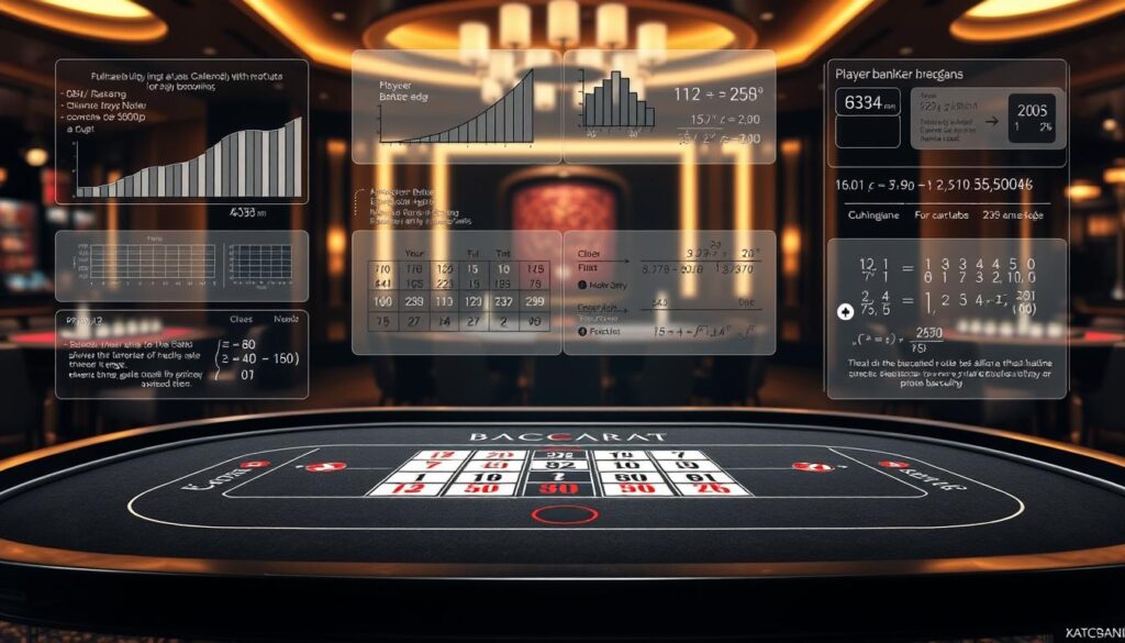 A detailed schematic diagram showcasing the mathematical probabilities and odds calculations for the classic casino game of Baccarat. The image depicts a sleek, minimalist design with clean lines and a sophisticated color palette of greys, blacks, and metallic accents. In the foreground, a meticulously rendered Baccarat table is displayed, its felt surface marked with the traditional scoring grid. Floating above the table are various statistical charts, graphs, and formulas illustrating the house edge, player/banker probabilities, and potential payouts. The background features a dimly lit, elegant casino interior, with subtle lighting and reflections evoking an air of exclusivity and high-stakes gaming. The overall composition strikes a balance between the analytical and the atmospheric, presenting the complex mathematical underpinnings of Baccarat in a visually arresting and technically precise manner.