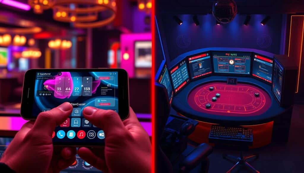 A detailed side-by-side visual comparison of mobile casino and PC-based baccarat gaming experiences. The mobile version showcases a sleek, minimalist UI with fluid animations, vibrant colors, and intuitive touch controls. In contrast, the PC version depicts a more expansive, immersive layout with high-fidelity graphics, complex betting options, and a cinematic camera perspective. Both scenes are bathed in warm, ambient lighting, creating a cozy, inviting atmosphere. The mobile scene conveys a sense of portability and convenience, while the PC setup suggests a more premium, high-stakes environment. The prompt aims to capture the distinct advantages and tradeoffs of each platform for the discerning baccarat enthusiast.
