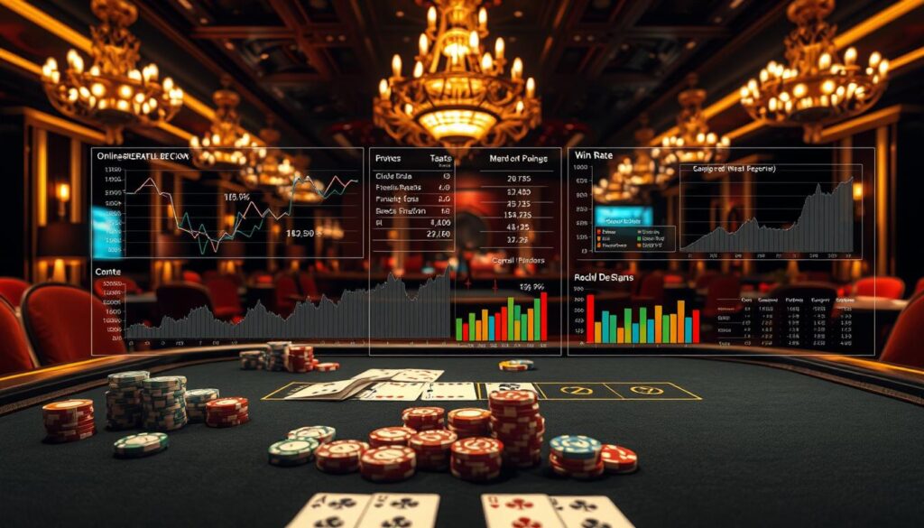 A detailed statistical analysis of player win rates in a realistic casino setting. A large table in the foreground, with colorful gaming chips and cards arranged neatly. In the middle ground, various data visualizations such as line graphs, pie charts, and bar graphs, depicting win rate trends and player performance metrics. The background showcases a dimly lit, luxurious casino interior with ornate chandeliers, plush furniture, and a sense of sophisticated elegance. Soft, warm lighting illuminates the scene, creating a contemplative atmosphere for the analytical data. The overall composition conveys a professional, data-driven examination of the nuanced patterns and dynamics underlying player success in the game of Baccarat.